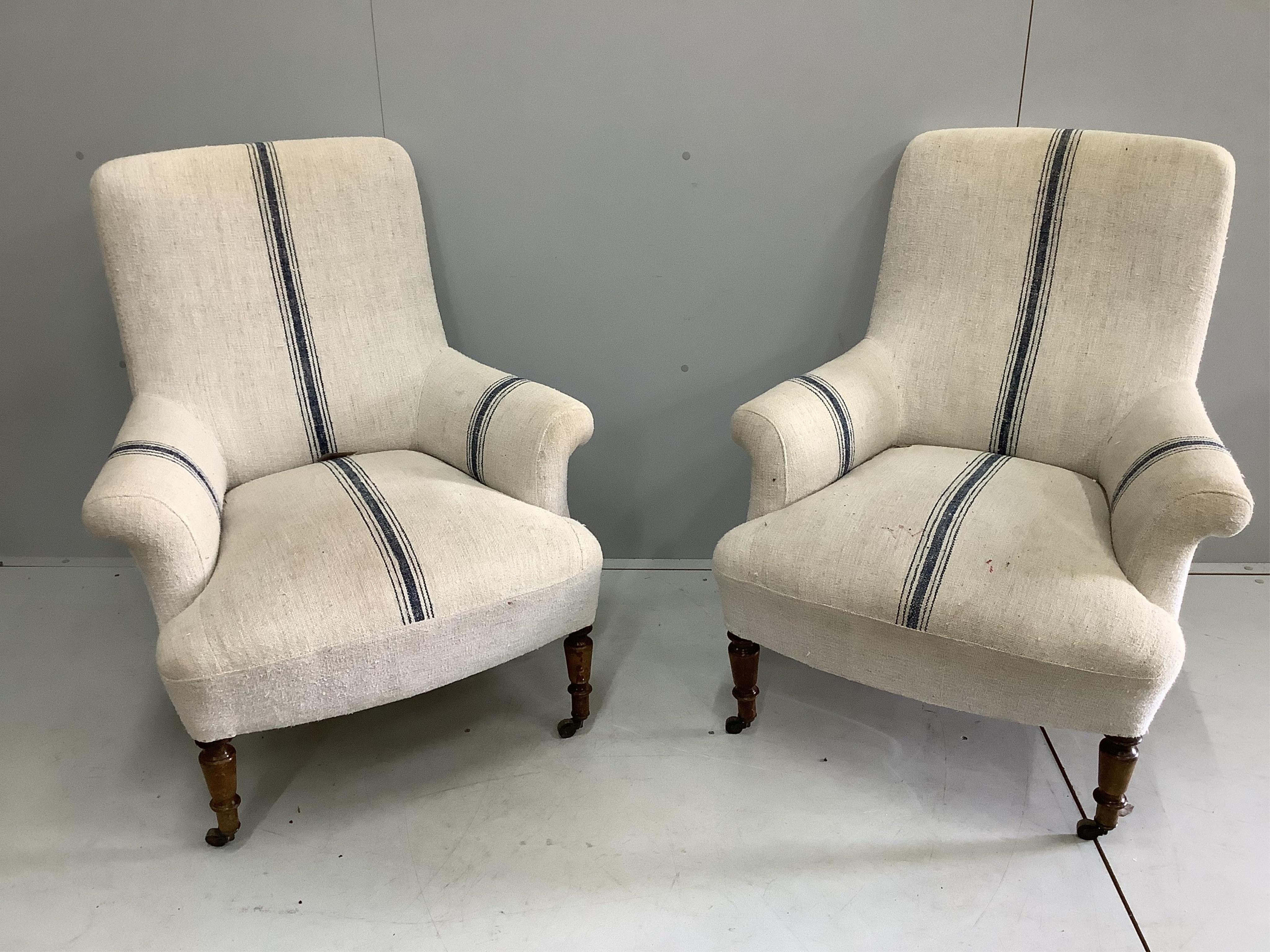 A pair of 19th century French armchairs, width 80cm, depth 70cm, height 92cm. Condition - fair